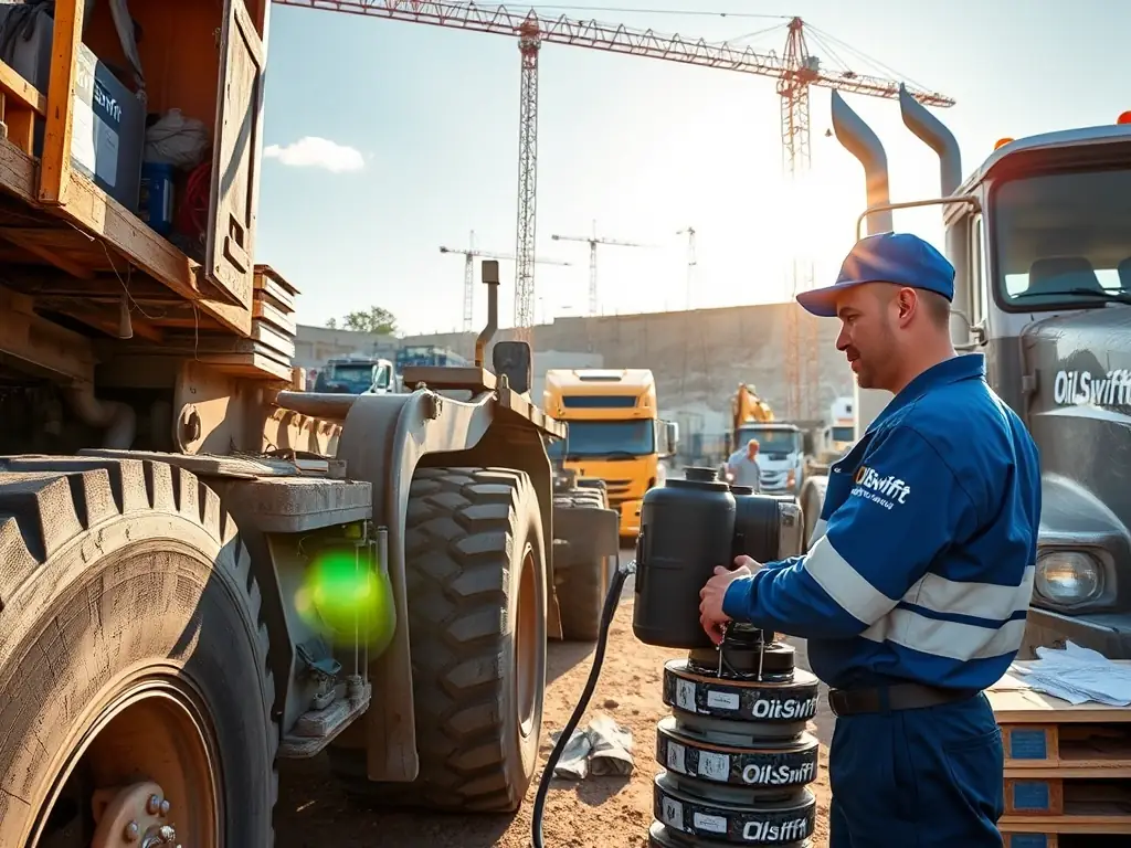 A professional image of a OilSwift technician changing the oil of a heavy-duty truck at a construction site, emphasizing the ability to service larger vehicles on-site.