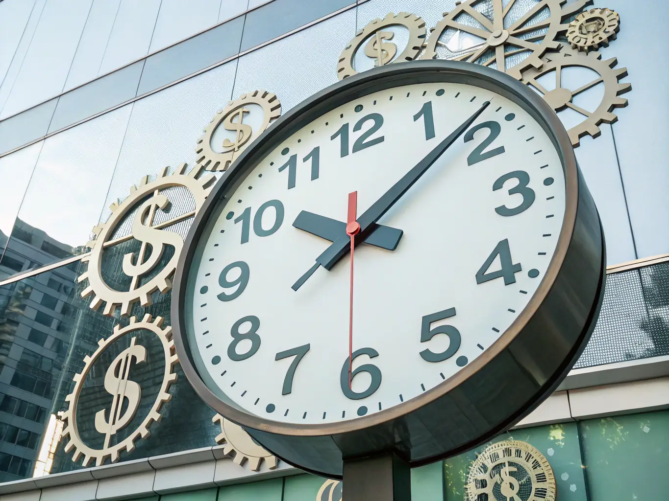 A digital illustration depicting a clock with dollar signs around it, symbolizing time and cost savings associated with OilSwift's mobile oil change service.