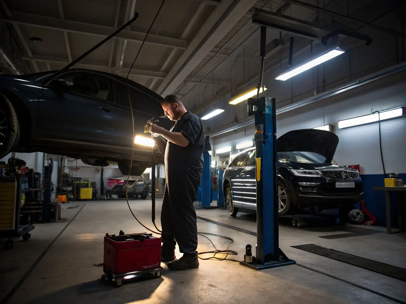 A friendly OilSwift technician is shown completing an oil change on a modern sedan in a well-lit residential garage. The scene emphasizes cleanliness and professionalism.