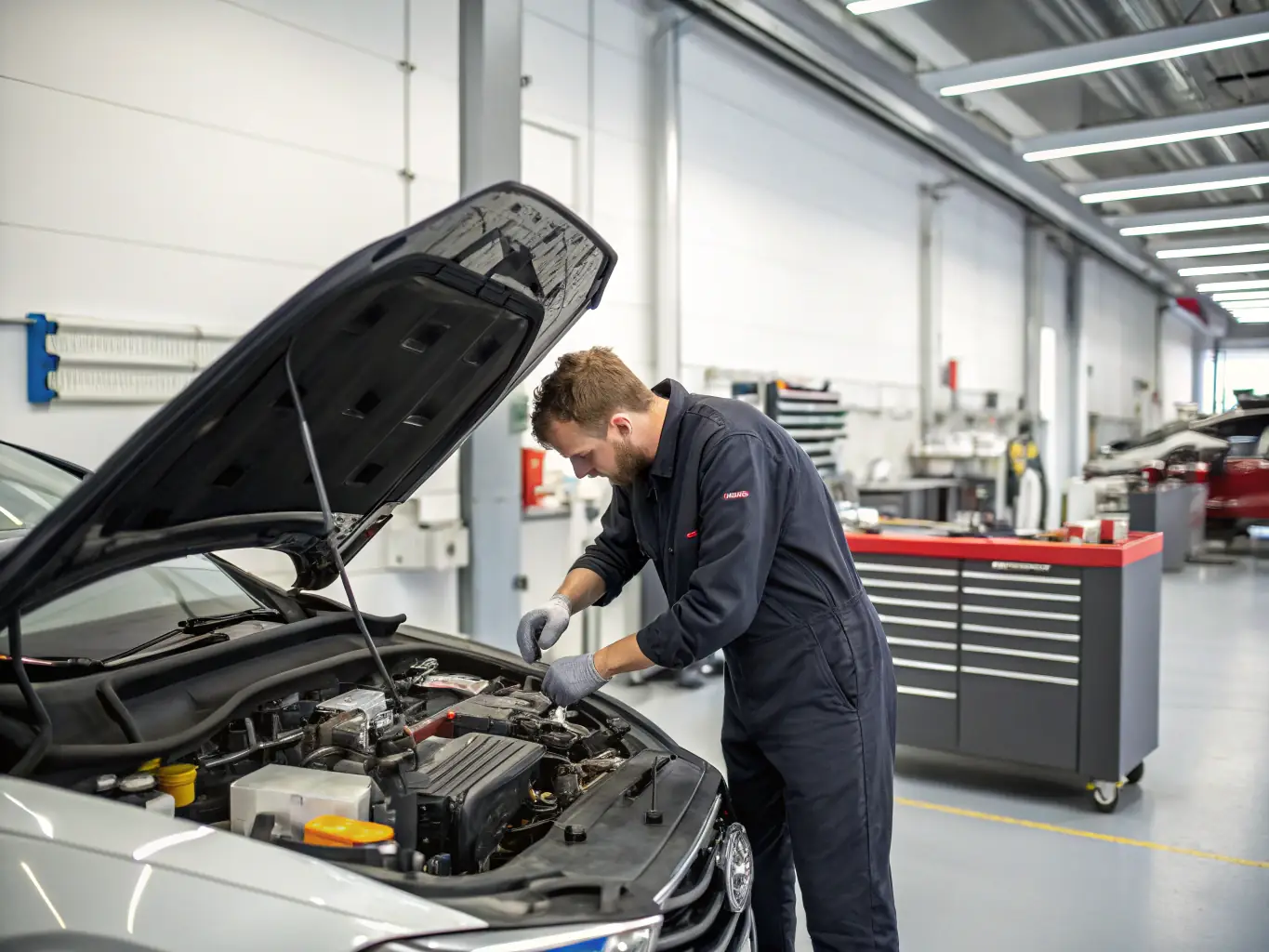 A close-up shot of a technician carefully inspecting a car engine during an OilSwift mobile oil change, highlighting the attention to detail and expertise provided.