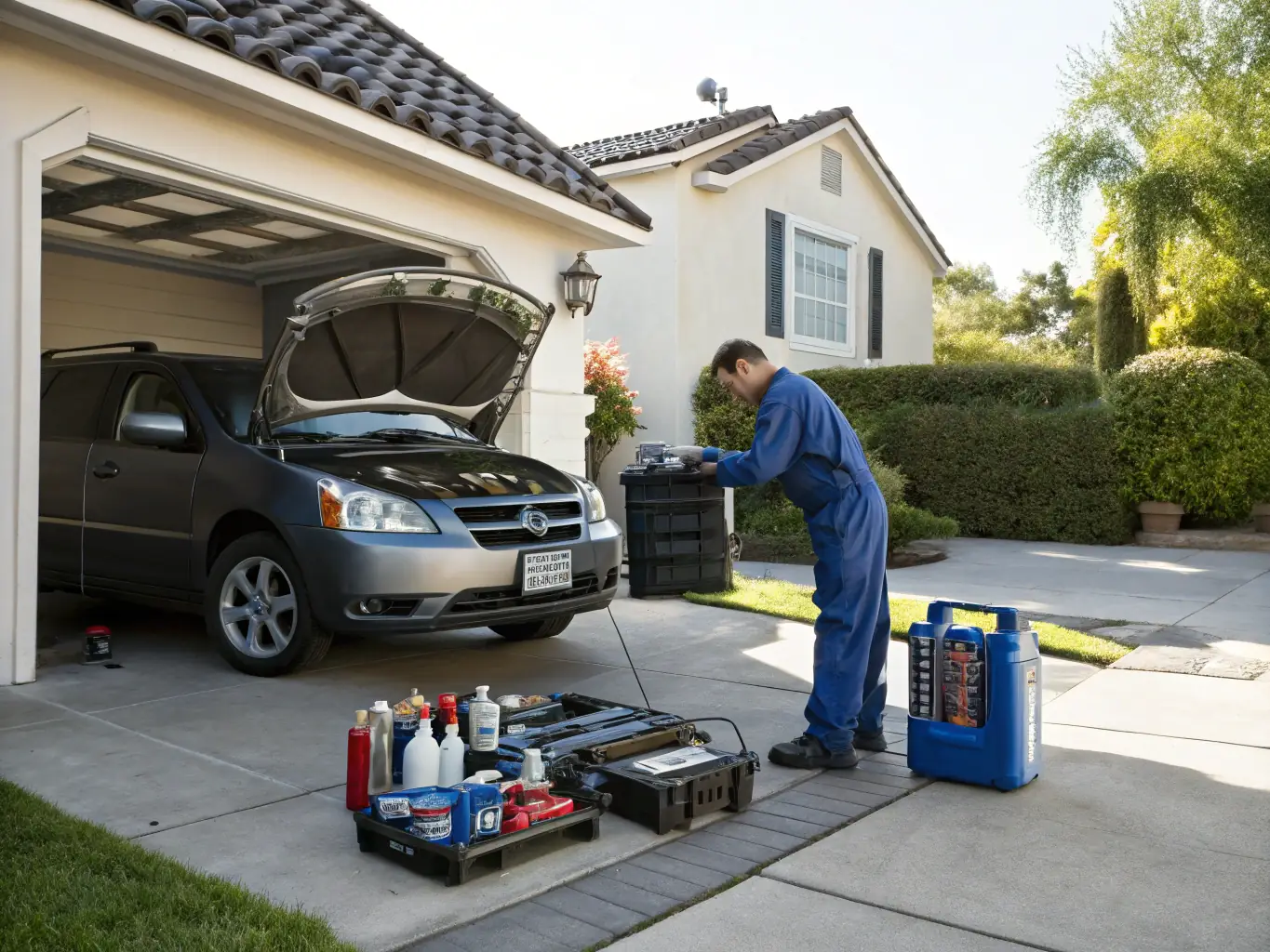 A high-quality photo of a OilSwift technician performing a full synthetic oil change on a modern sedan in a residential driveway, showcasing the technician's professionalism and the cleanliness of the service.
